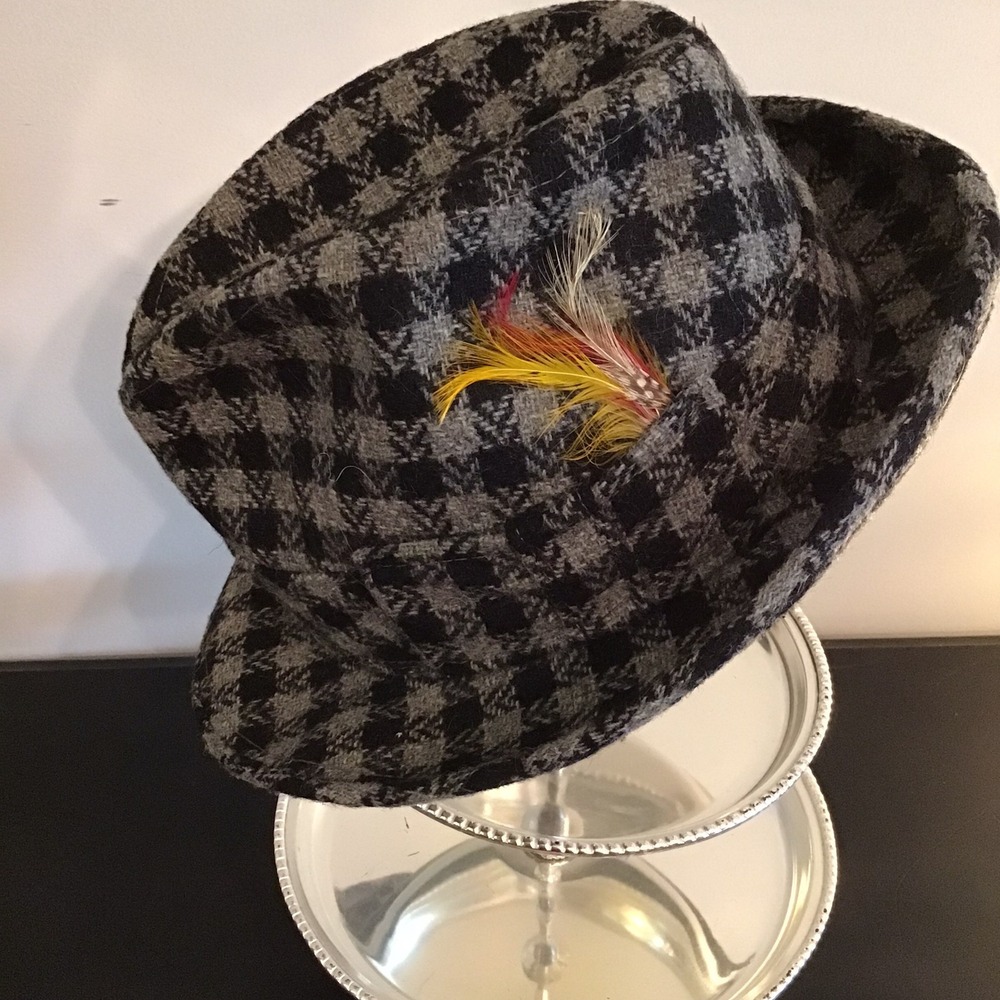 Vintage ADAM FIFTH AVE Black Checked Men's Size 7 1/4 Fedora Feathered Hat USA